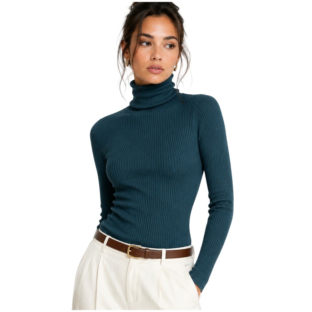 NWT Express Ribbed Sweater Emerald Dark Green Turtleneck Knit Slim Fit Women XS